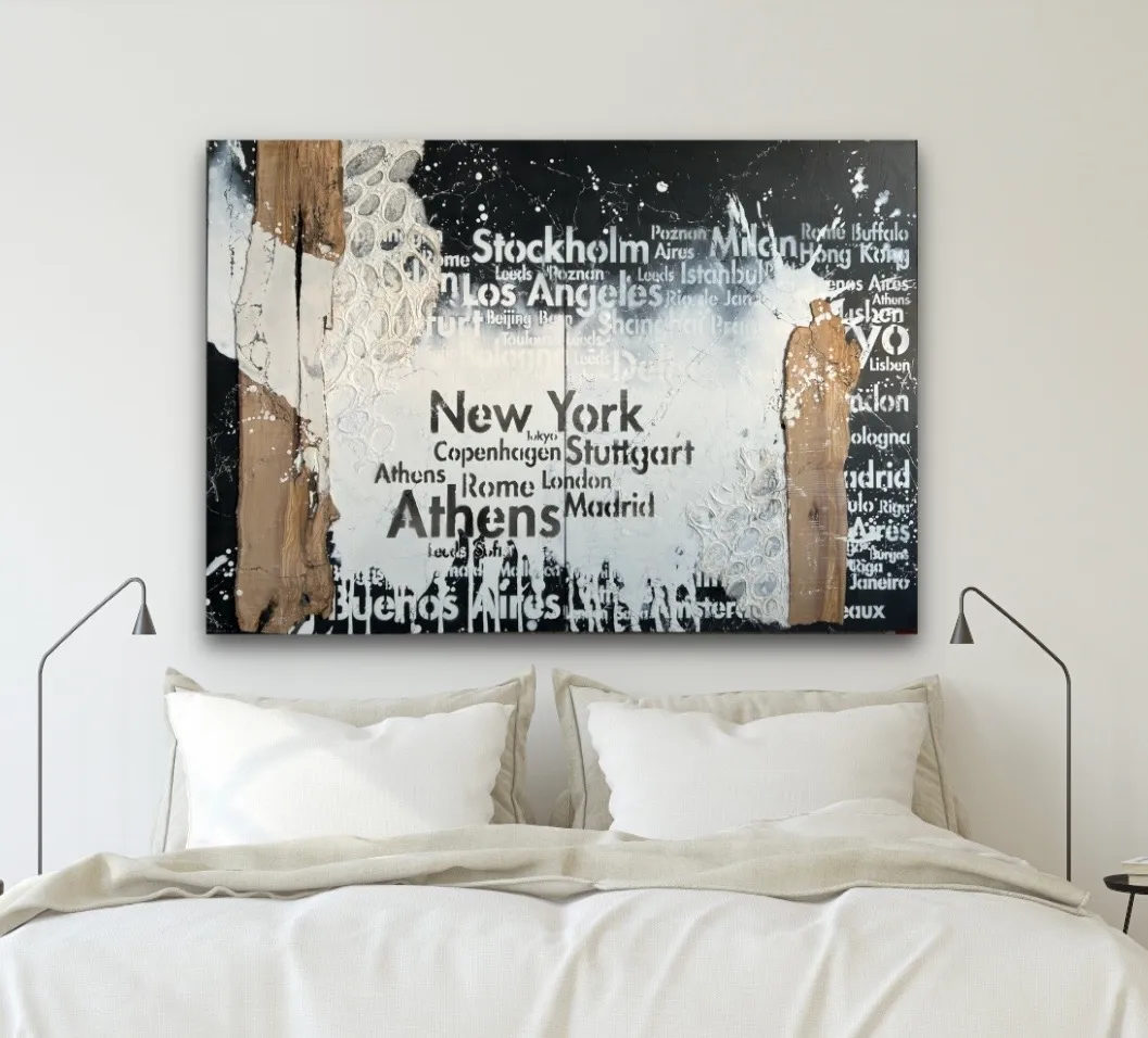 Sandra Kühn – „Die Welt wartet auf dich — live your life“, 50 × 70 cm, Acrylmalerei aus der Serie Arbeiten mit Holz