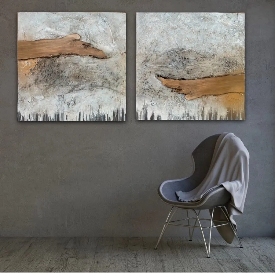 Sandra Kühn – „Reich´mir deine Hand-ich reich´dir meine“, 80 × 80 cm, Acrylmalerei aus der Serie Arbeiten mit Holz