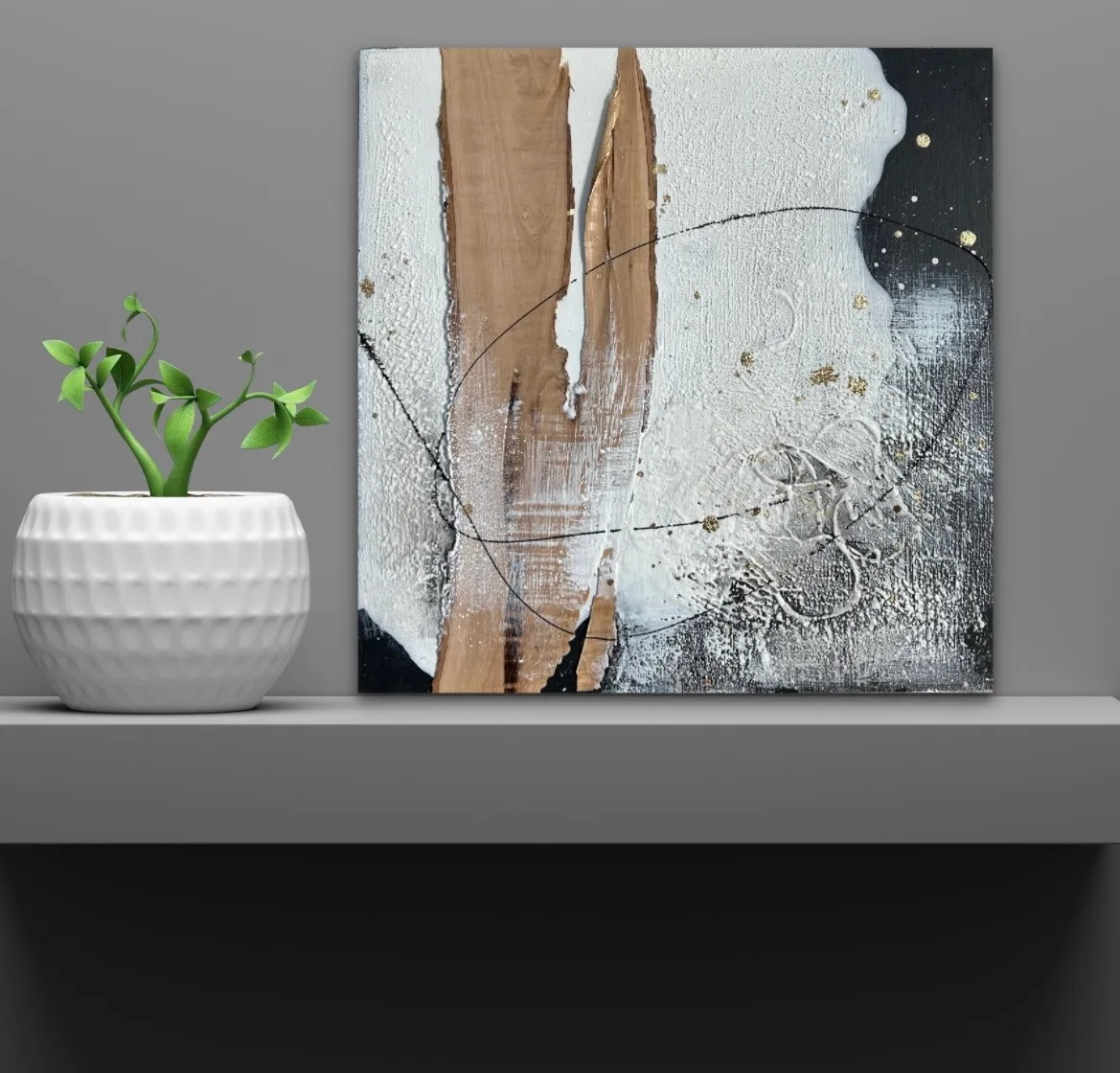 Sandra Kühn – „Spuren im Weiß“, 30 × 30 cm, Acrylmalerei aus der Serie Arbeiten mit Holz