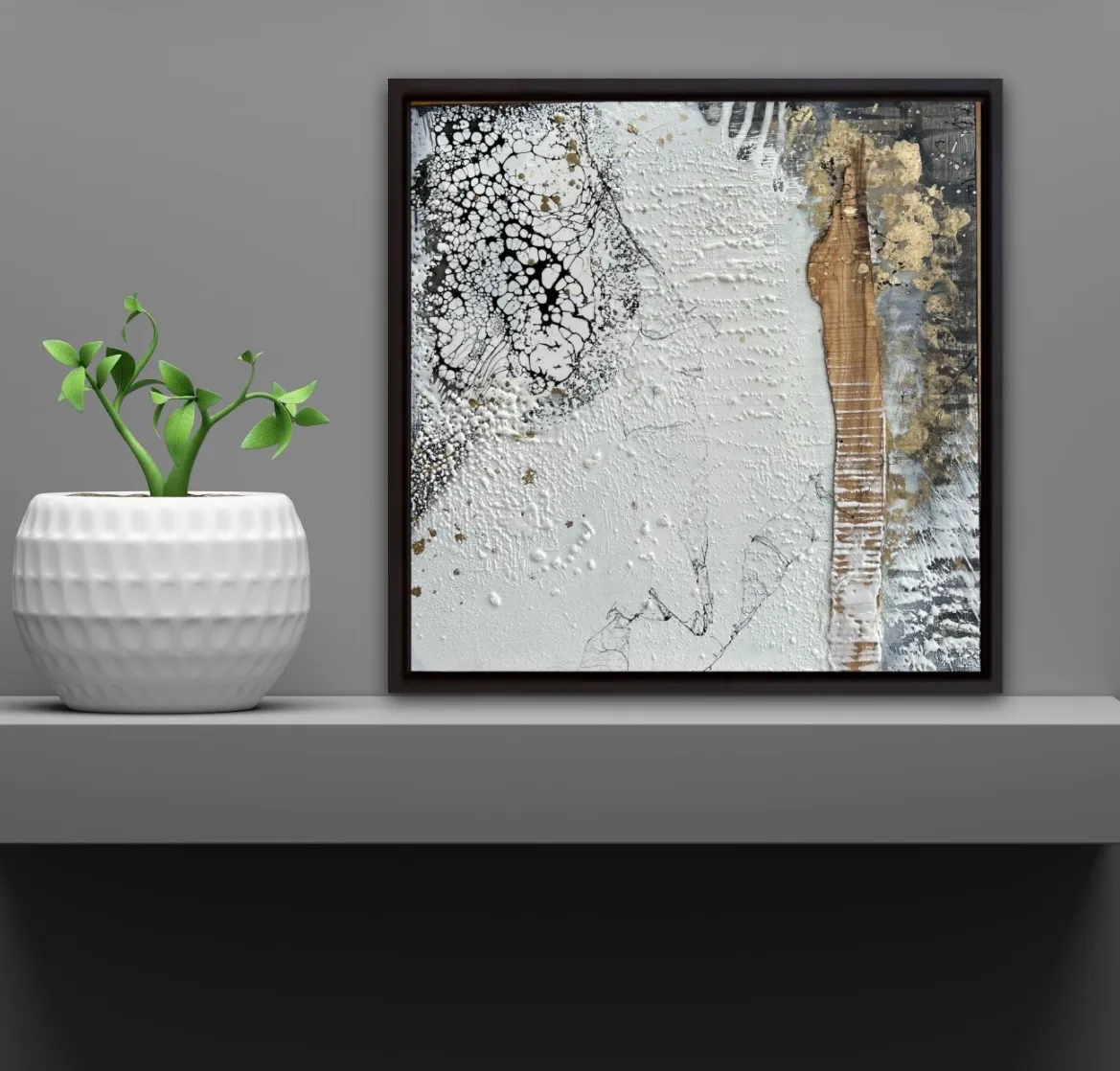 Sandra Kühn – „Spuren im Weiß“, 30 × 30 cm, Acrylmalerei aus der Serie Arbeiten mit Holz